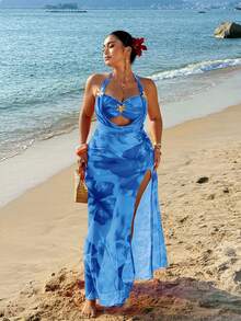 Sunnyshic Sexy Island Beach Resort Strapless Sleeveless Mesh Floral Print Maxi Dress, Plus Size - Blue - View 1