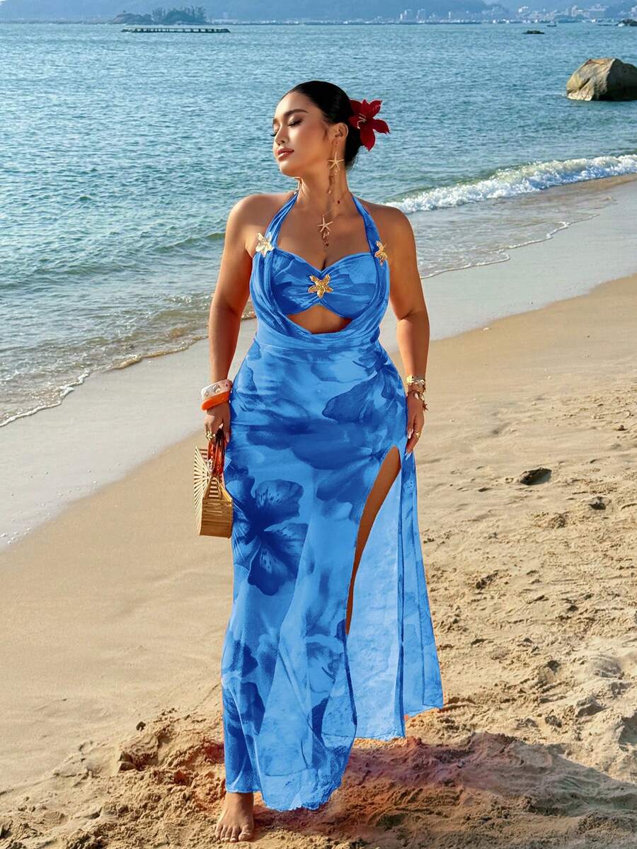 Sunnyshic Sexy Island Beach Resort Strapless Sleeveless Mesh Floral Print Maxi Dress, Plus Size - Blue - View 1