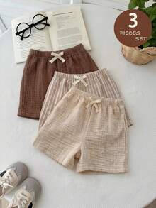 SHEIN 3pcs Baby Boy Elastic Waist Pants With Decorative Ribbon,Comfortable&Versatile Set Toddler Cotton Shorts Babyboy Short Summer Plain - Khaki - View 6