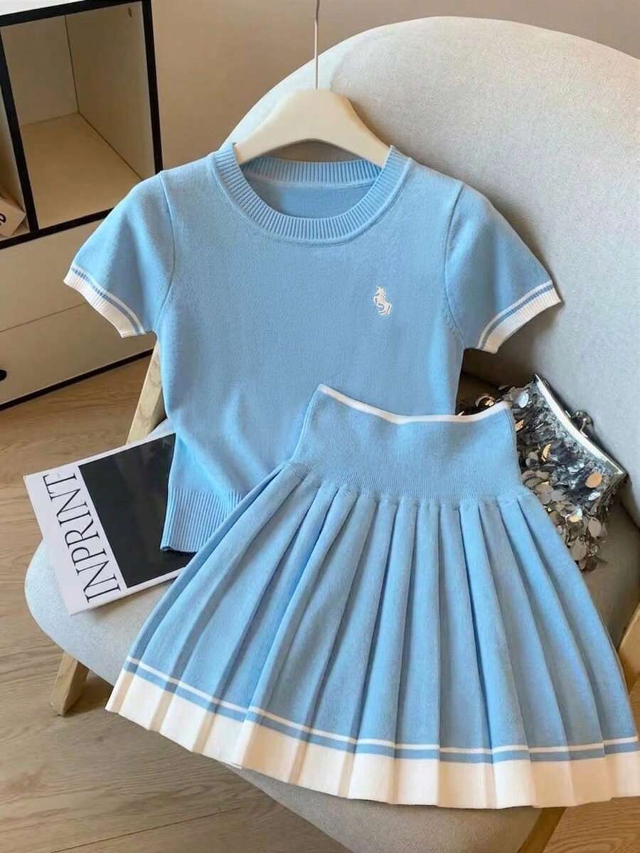 Contrast Color Striped Fitted Equestrian Embroidered Short Sleeve Crop Top And High Waist Pleated Mini Skirt 2-Piece Set For Women - Multicolor - View 1