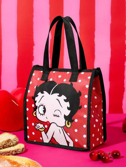 Betty Boop x SHEIN 1 Pc Pattern Printed Insulated Lunch Bag, Can Keep Food Warm Or Cold, Picnic Bag, Large Capacity, Can Hold Lunch Boxes And Drinks, Suitable For Picnics, Camping, Travel, Home Use, Suitable For Families, Students, Cute, Playful, Sexy, Polka Dot