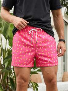 Manfinity Swimmode 男士香蕉印花抽绳腰带沙滩短裤，夏季度假 - 粉色 - 查看 4