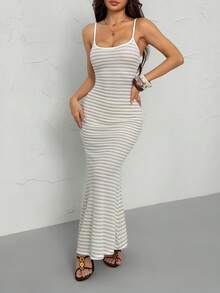 SHEIN PETITE Đầm không tay ôm dáng kẻ sọc dành cho nữ, trang phục thường ngày đi nghỉ mát, dự lễ hội âm nhạc, mùa xuân/hè. - Màu be - Xem 4