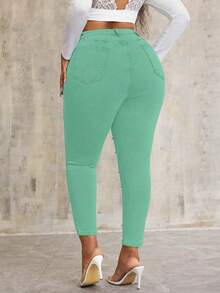 Slaydiva Plus Size Elastic Blue Denim Pants With Pearl Decor - Mint Green - View 2