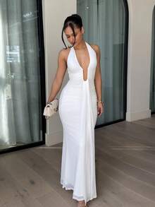 leahseptember Yellow Cream Sexy Deep V-Neck Maxi Elegant Halter Dress For Women, Spring/Summer,Dresses For Women Elegant White Backless Dress White Mermaid Dress White Formal Evening Gown,Valentine's Day,Valentine Outfits For Women Party - White - View 5