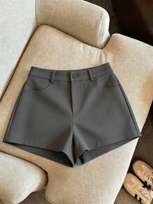 Resyla Women's Solid Color Pocket Button Casual Versatile Daily Wear Shorts - Grey - View 3