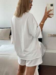 Livesso White Short Sleeve Round Neck Loose Top And Drawstring Shorts 2 Pieces Set For Women Short Sets For Women - Beige - View 2