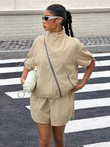 Muchica 女士休闲时尚街头风撞色拉链立领外套和短裤亚麻编织套装，夏季 - 卡其色 - 查看 5