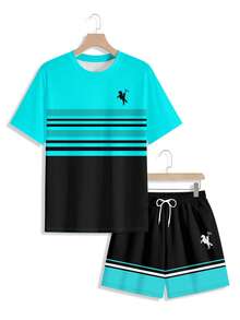 Genlund Conjunto de Camiseta de Manga Curta e Shorts com Estampa Equestre em Contraste Azul Lago e Preto, Conjunto Esportivo Casual de Verão para Férias - Multicolorido - Visão 2