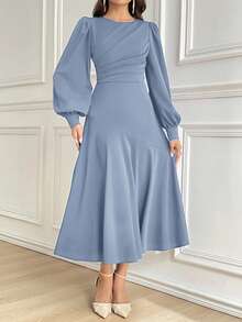 Modelyn Women Elegant Solid Color Lantern Sleeve Midi Dress, Autumn Long Evening Dresses - Blue - View 7