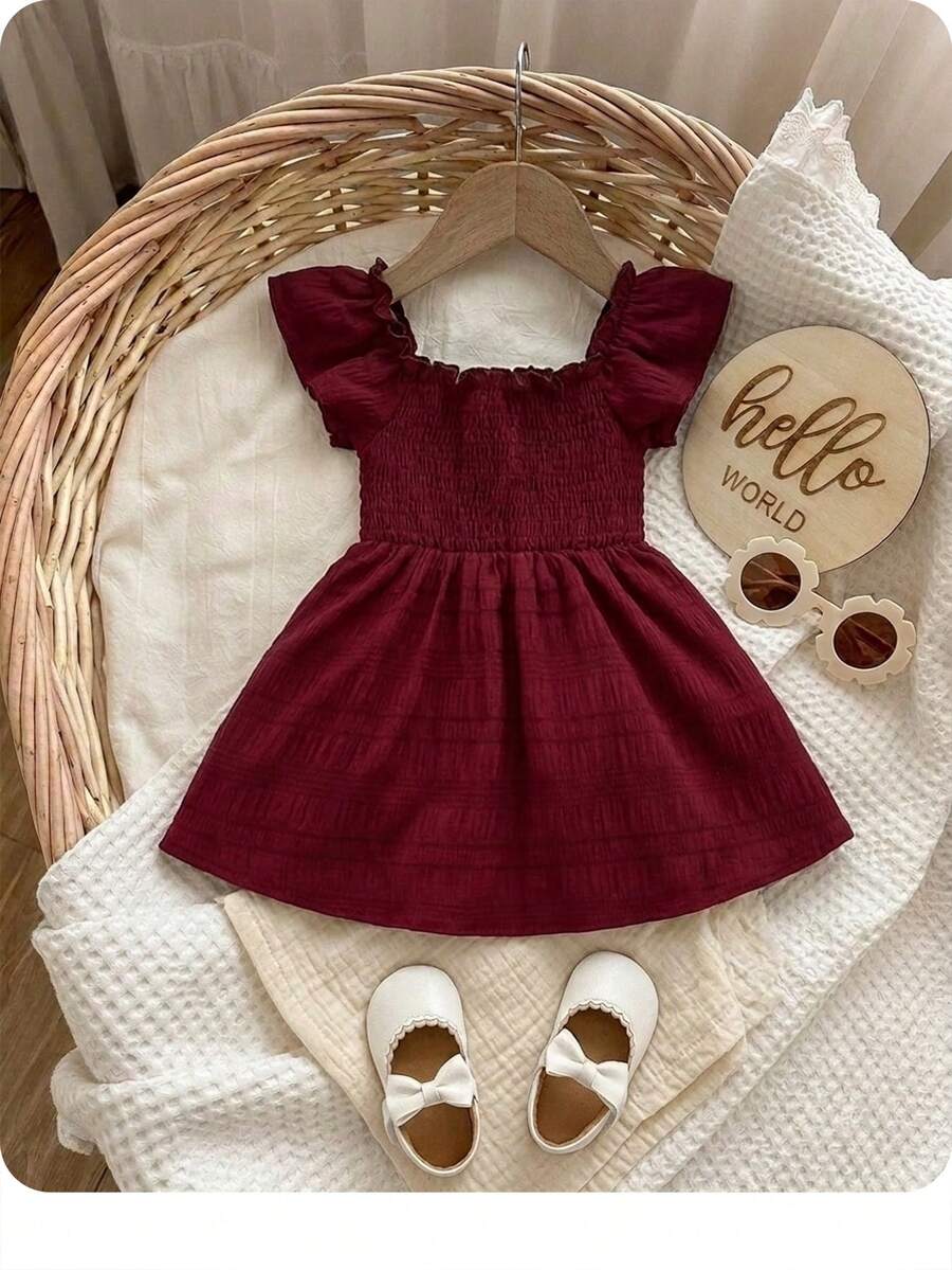SHEIN Baby Girl Shirred Bodice Butterfly Sleeve Dress - Burgundy - View 1