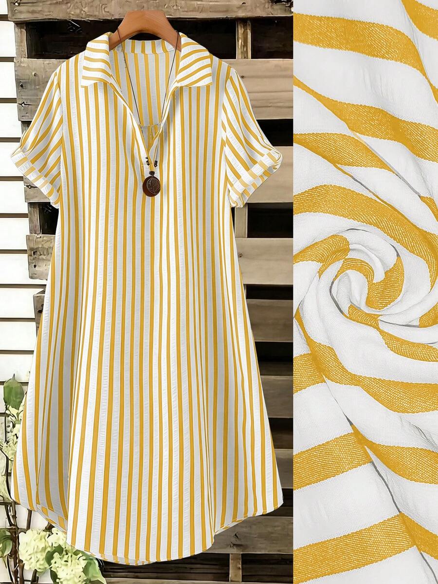 SHEIN Tall CURVE 大码女式法式休闲夏季短袖V领连衣裙 - 黃色 - 查看 1