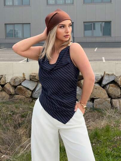 Jeta Ari 女式不对称领褶饰腰条纹衬衫，优雅的办公室女士上衣，金属纽扣肩部装饰，时尚、通勤、优雅、性感、度假、海滩、夏威夷、垂坠领口、条纹衬衫、外出上衣