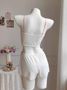 SHEIN Comfortcana Bộ đồ PJ / Bộ đồ ngủ có nơ ren tương phản Bộ màu trắng - trắng - Xem 2