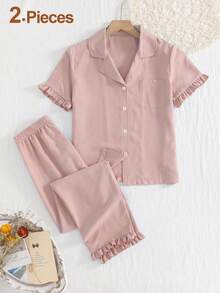 Bộ 2 món cho bé gái tuổi teen: áo cardigan cổ bẻ tay ngắn và quần dài thoải mái, đồ mặc nhà. - Bụi hồng - Xem 1
