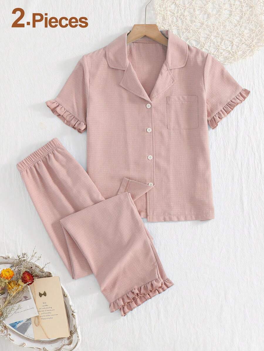 Bộ 2 món cho bé gái tuổi teen: áo cardigan cổ bẻ tay ngắn và quần dài thoải mái, đồ mặc nhà. - Bụi hồng - Xem 1