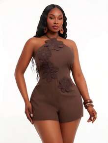 Radiana Plus Size Women's Chocolate Brown Summer Elegant Handmade Crochet Cotton Romper, Boho Shorts Jumpsuit For Music Festival, Beach Vacation - Brown - View 1