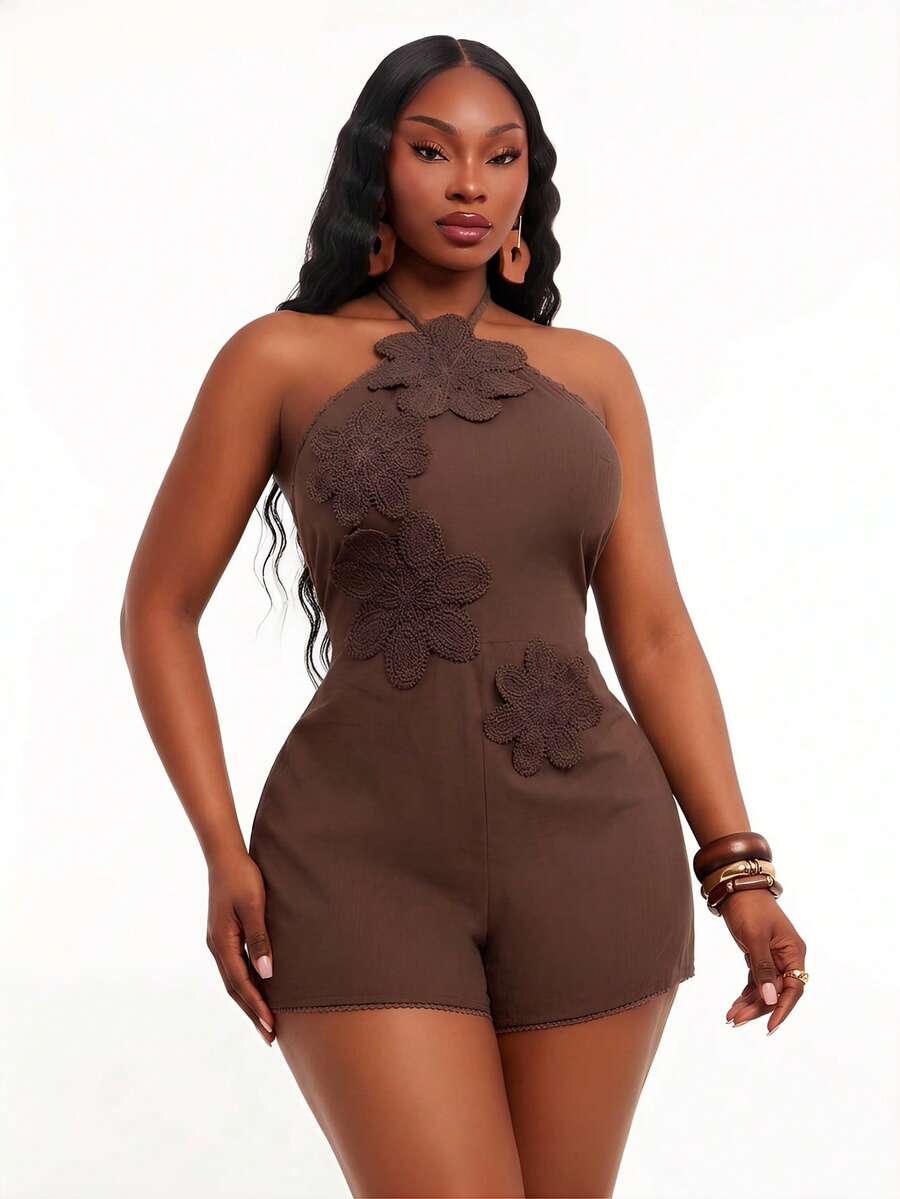 Radiana Plus Size Women's Chocolate Brown Summer Elegant Handmade Crochet Cotton Romper, Boho Shorts Jumpsuit For Music Festival, Beach Vacation - Brown - View 1