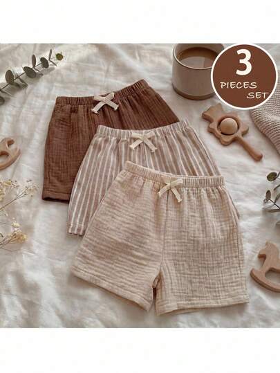 SHEIN 3pcs Baby Boy Elastic Waist Pants With Decorative Ribbon, Comfortable & Versatile Set Toddler Cotton Shorts Babyboy Cotton Short Baby Summer Pants Plain Short