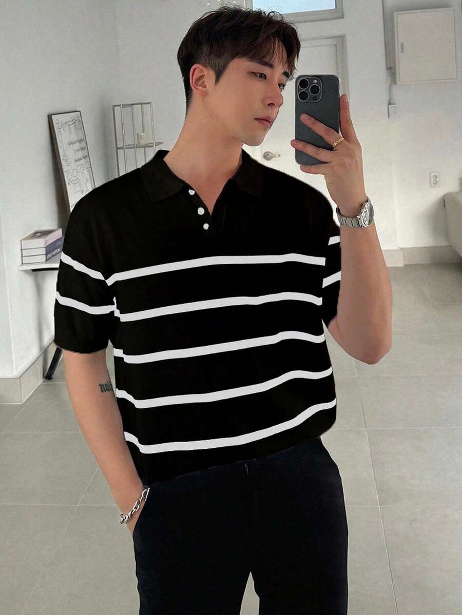 DAZY 男士夏季條紋針織上衣 - 黑色 - 查看 1