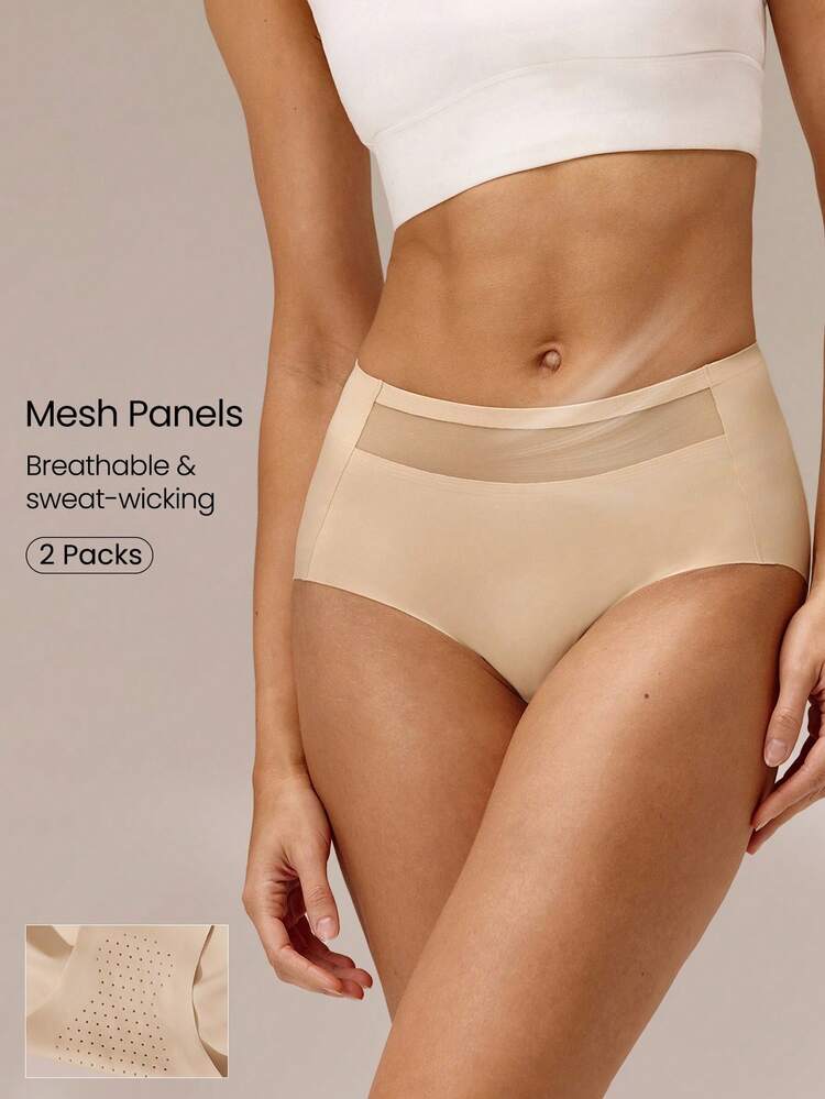 2 Pack SweatMode Supportive Stretchy Sweat-Wicking Breathable Mesh Panel Waistband High-Rise Briefs Daily Casual Wear