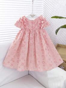 Babygirl Summer Cute Solid Color Embroidered Hollow Out Ruffle Hem Sleeveless Dress - Pink - View 2