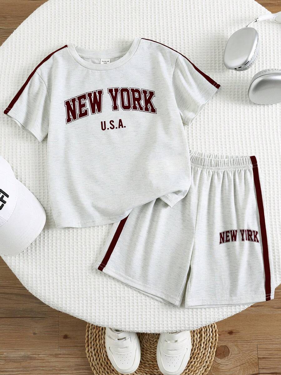 SHEIN Little Byeori 2件套男童圆领短袖字母印花T恤和抽绳短裤套装