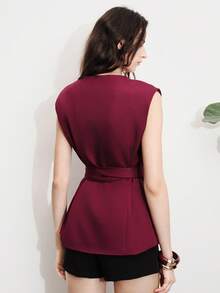 Aveloria Modichic Blazer de mujer de diseño de cuello en V profundo sin mangas y cintura ancha, ropa de oficina minimalista y versátil - Burdeos - Ver 7