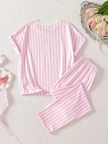 Genkimix Kids 两件套女童睡衣套装，圆领短袖长裤，春秋季粉白条纹图案，饰有可爱优雅的蝴蝶结和波点印花，适合居家休闲穿着。柔软针织面料，舒适宽松，时尚休闲，透气亲肤，高品质睡衣。 - 彩色 - 查看 2