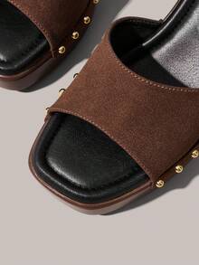 Styleloop Giày sandal nữ mũi vuông đế da PU đính hạt tròn vàng, chất liệu nhung, thời trang, đơn giản, thoáng khí và thoải mái, có khóa cài, thích hợp cho các bữa tiệc và liên hoan hàng ngày, kiểu dáng bohemian, mang đến không khí nghỉ dưỡng, là món đồ không thể thiếu cho những chuyến du lịch mùa hè. - màu nâu - Xem 5