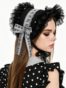 ROMWE Kawaii 1 chiếc mũ bonnet ren phong cách dễ thương, mũ phẳng phong cách cung đình họa tiết phím đàn piano Gothic, phụ kiện thời trang Lolita cá tính - Đen và trắng - Xem 2