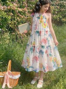 SHEIN Đầm thời trang in họa tiết bằng vải chiffon cho bé gái - Nhiều màu - Xem 6