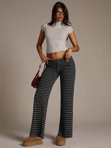 SHEIN Tall CURVE 大码女式抽绳腰条纹休闲百搭日常裤 - 深灰色 - 查看 7
