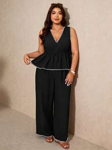 Elaquor 大码休闲度假风黑白撞色贝壳花纹无袖A字连衣裙和直筒休闲裤两件套，夏季套装 - 黑與白 - 查看 5