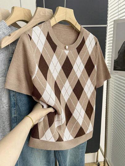 Franclia Women's Spring/Summer Casual, Minimalist, Elegant, Retro, Daily, College, Commute, Versatile, Stylish, Young, Fashion, Multi-Scenario Essential, Argyle Pattern, Contrast Color, Round Neck, Straight Shoulder, Short Sleeve, Fitted, Slimming,Argyle Pattern, Plus Size Pullover Sweater