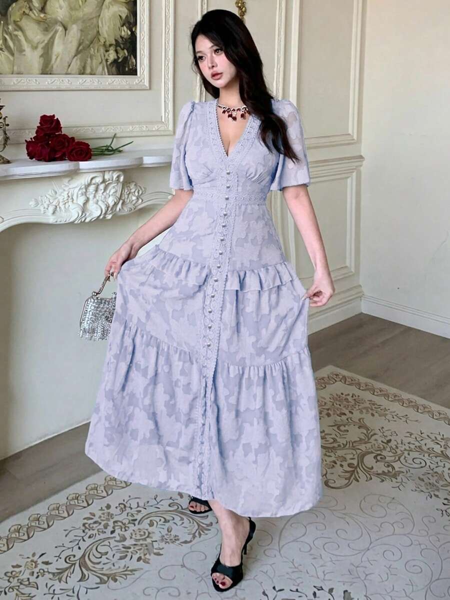 DAZY Đầm dài ngang gối thanh lịch dành cho nữ, cổ chữ V, tay cánh hoa, chất liệu ren dệt hoa, thích hợp cho mùa hè. - Màu tím hoa cà - Xem 1