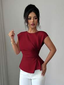 Elenzga 女款酒紅色優雅夏季辦公腰部抓褶上衣，法式度假婚禮風 - 紅色 - 查看 6