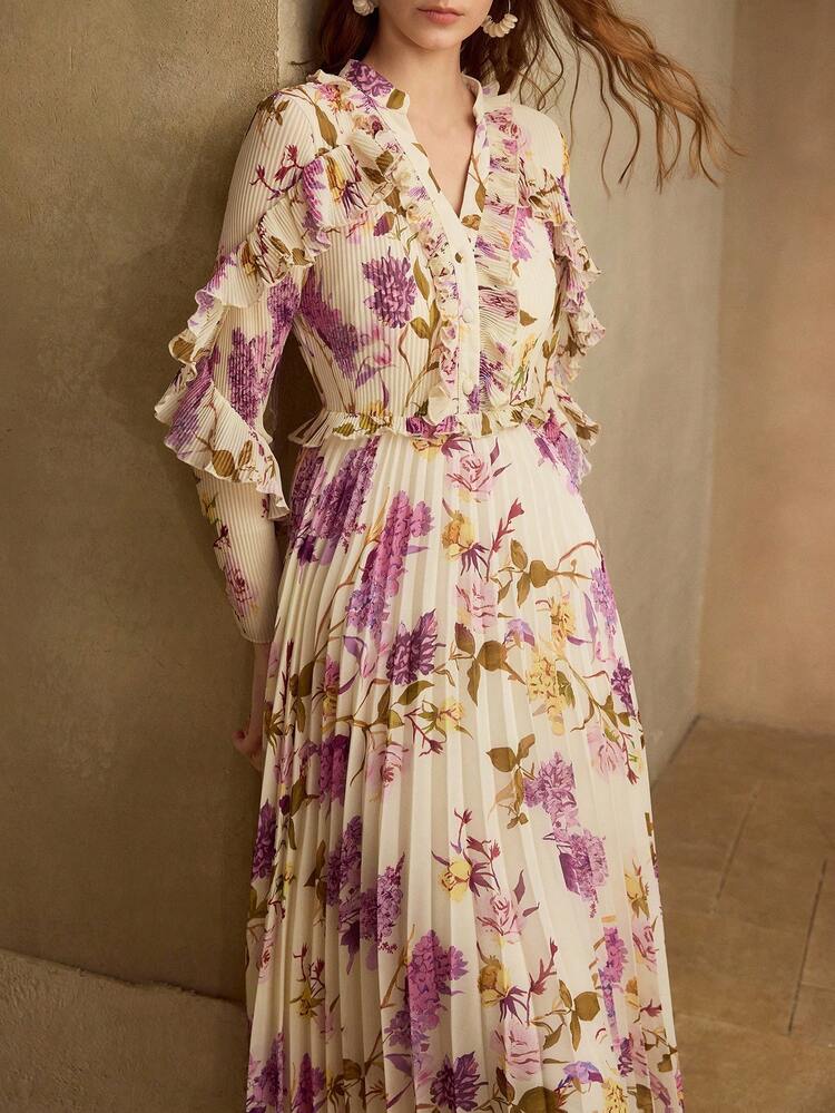 WOMEN'S ELEGANT MID-LENGTH PLEATED RUFFLE HEM DRESS, SPRING/SUMMER