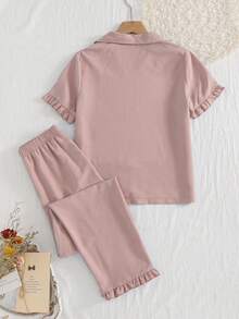 Bộ 2 món cho bé gái tuổi teen: áo cardigan cổ bẻ tay ngắn và quần dài thoải mái, đồ mặc nhà. - Bụi hồng - Xem 2