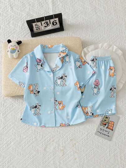 2-Piece Boys Kids Lapel Short Sleeve Shorts Summer Light Blue Cartoon Print And Polka Dot Pajamas Set Loungewear Made From Soft Breathable Lightweight Knit Fabric For Comfortable Sleeping Relaxing High-Quality Casual Adorable Toddler Sleepwear Stylish Comfy Homewear For Daily Use