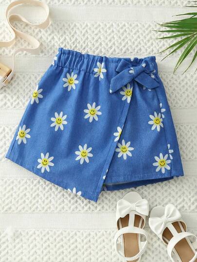 SHEIN Falda pantalón con estampado de margaritas y lazo en la cintura, estilo vacacional para niña preadolescente