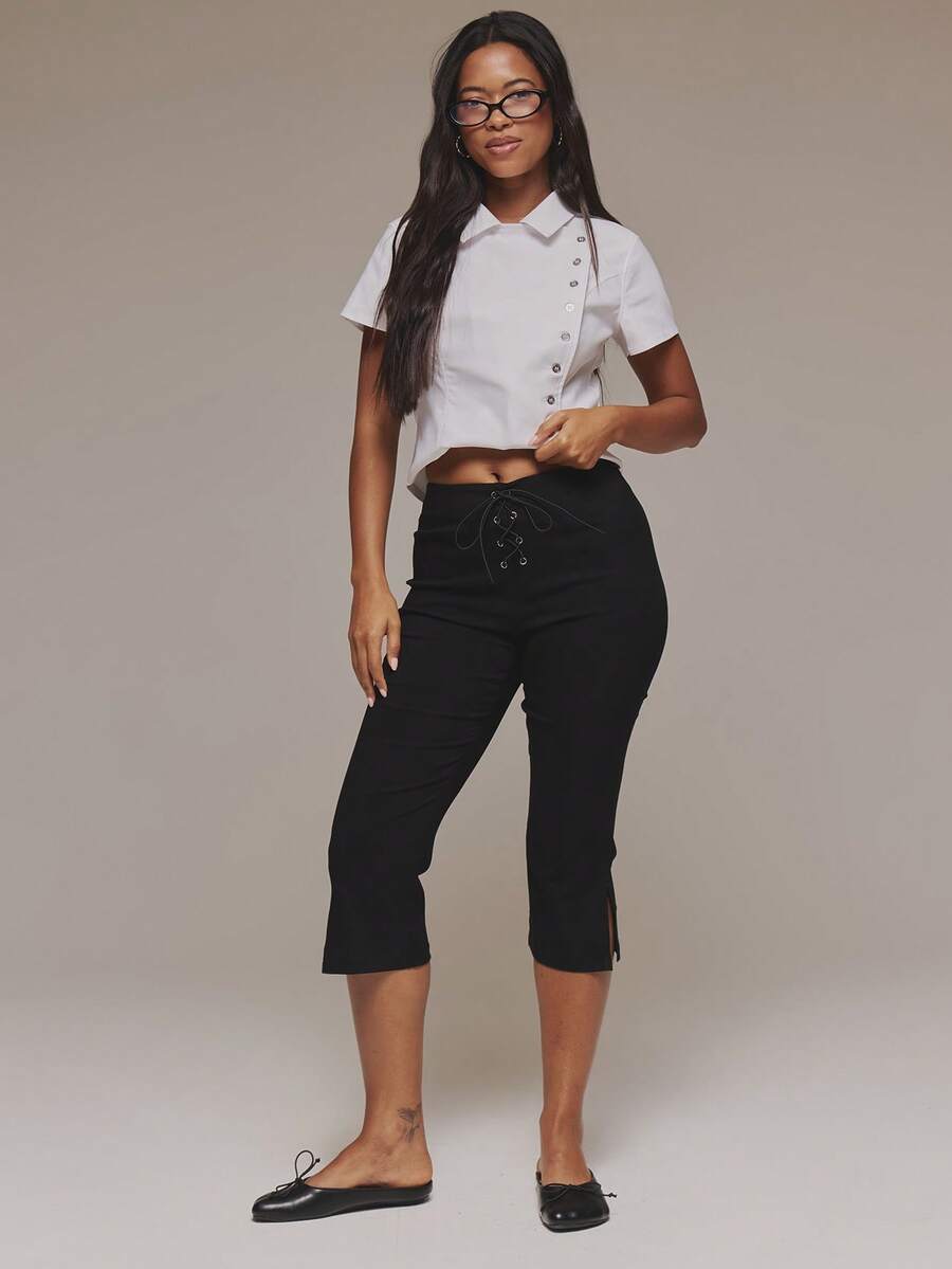 MUSERA Quần Capri ôm dáng, xẻ tà, có chi tiết buộc dây phía trước, kiểu dáng ống loe, thích hợp cho mùa xuân hè, lễ hội, thường ngày, đi chơi, nghỉ mát. - màu đen - Xem 1