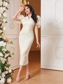 Modelyn Puff Sleeve Split Backless Jacquard Dress Without Belt Long Evening Dresses - Beige - View 7