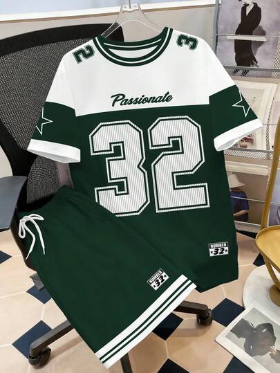 Manfinity Joysei 加大码男士美式橄榄球风格短袖T恤套装，#32激情印花休闲运动短袖T恤套装，男女通用