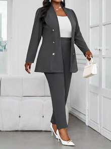 SHEIN Lady CURVE Bộ đồ công sở thanh lịch mùa thu đông màu hồng dệt kim cổ đứng cài vàng tay dài, cỡ lớn, áo khoác lông giả màu xám. - Xám - Xem 6