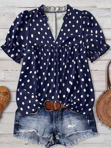 Linhara Damen Große Größen Vintage Polka Punkt Puffärmel V-Ausschnitt Rüschen Saum Locker Olivgrün Lässig Bluse, geeignet für Arbeit, Strand, Alltag, Frühling & Sommer Neu - marineblau - Übersicht 6
