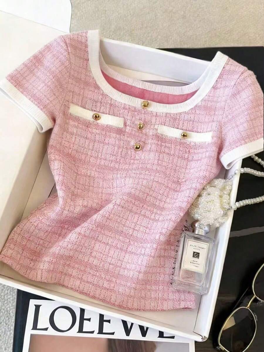 Resyla Women's Casual Patchwork Short Sleeve T-Shirt, Versatile For Daily Wear - Pink - View 1