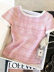 Resyla Women's Casual Patchwork Short Sleeve T-Shirt, Versatile For Daily Wear - Pink - View 2