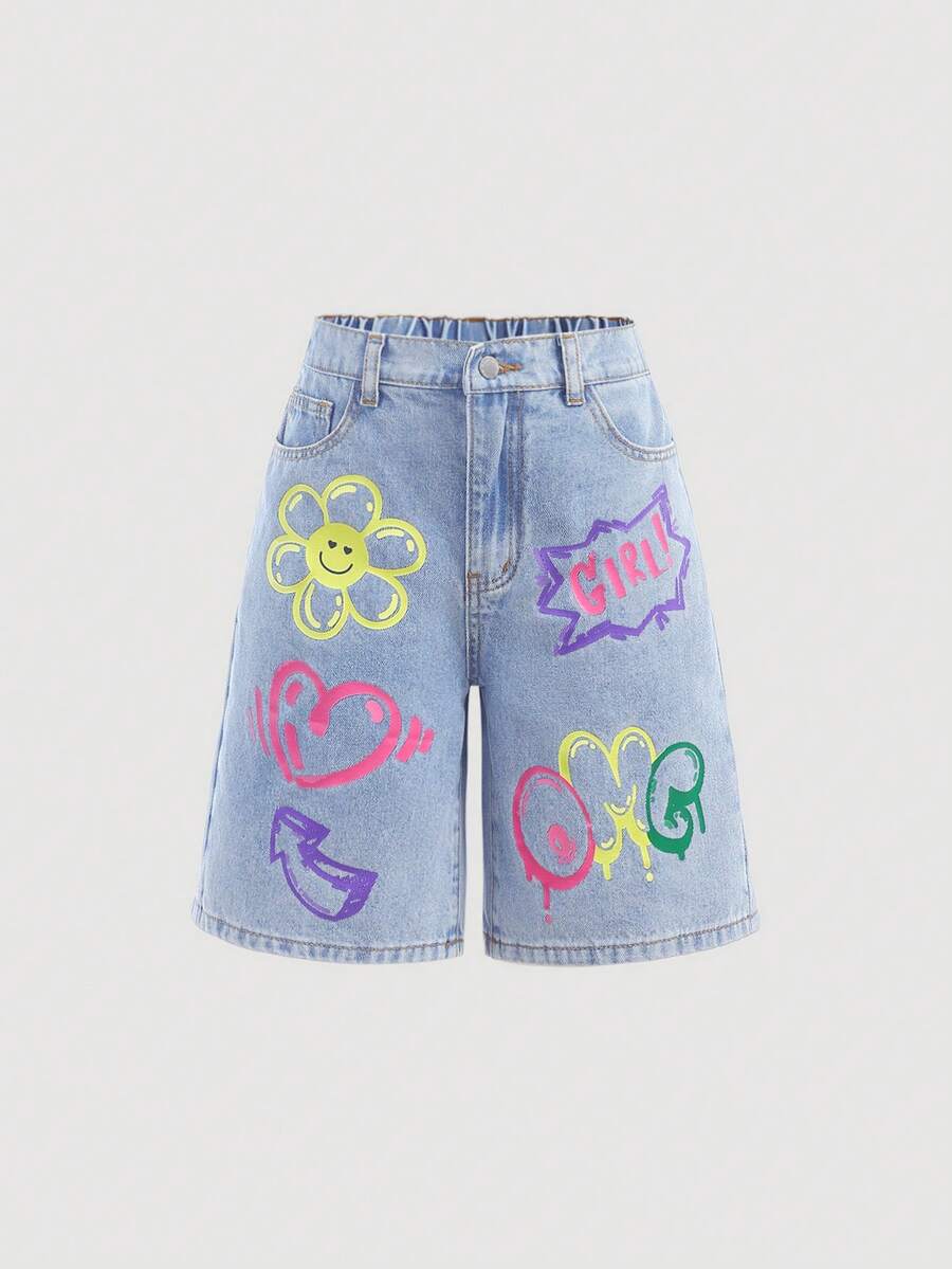 SHEIN Girlism 青少年女孩Y2K石洗休閒寬鬆高腰藍色寬版牛仔長短褲,印花花卉與字母圖案,女孩夏季波西米亞度假狂歡音樂會街頭風,百搭時尚,適合返校季與戶外街頭穿搭 - 淺色水洗藍 - 查看 1
