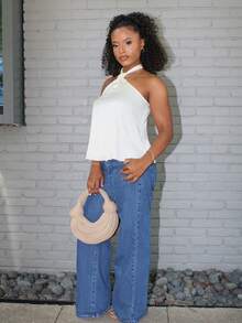 Steph T Old Money Sleeveless White Satin Halter Top With Regular Hem And Plain Design,Off The Shoulder Top - White - View 6